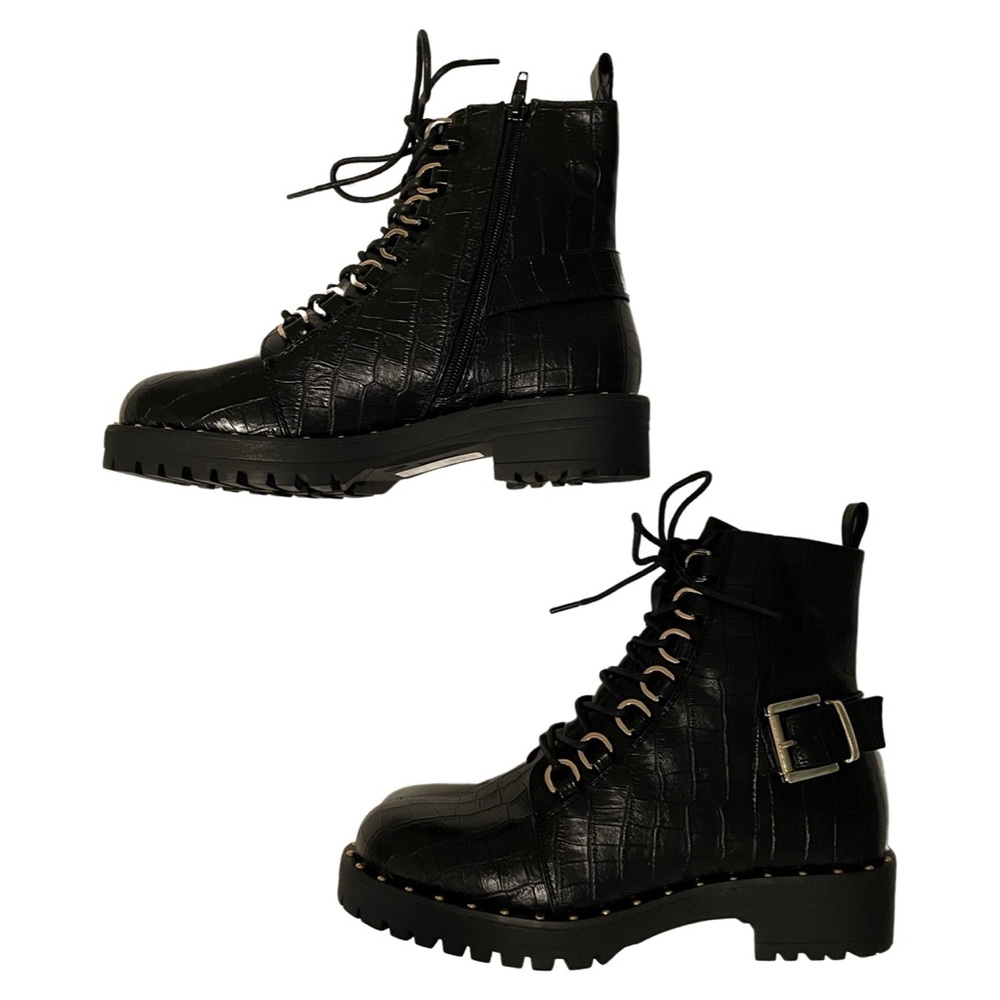 ASOS design aura lace up boots in black croc💗